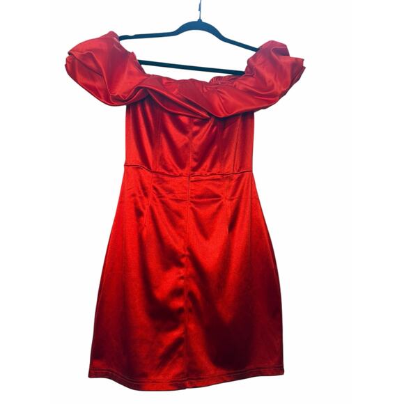 Off Shoulder Red Satin Mini Dress - Size M - Picture 3 of 12
